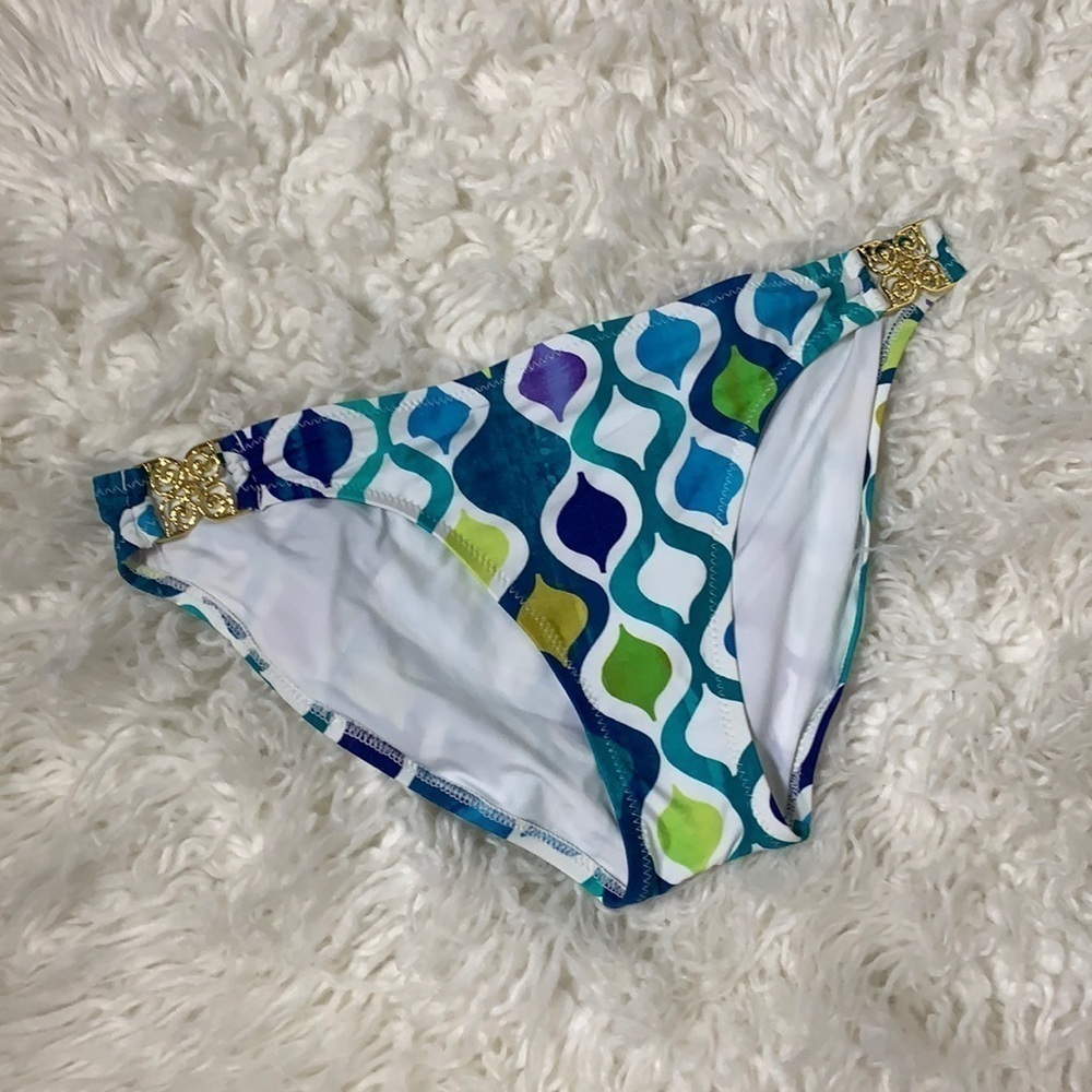 Trina Turk NWOT Shades of Blue and Green Diamond Print Bikini Bottom size 10